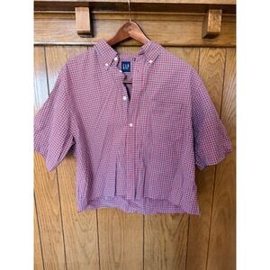 Gap Vintage Mens Red Plaid Short Sleeve Button Down Shirt Raw Hem Cropped Medium